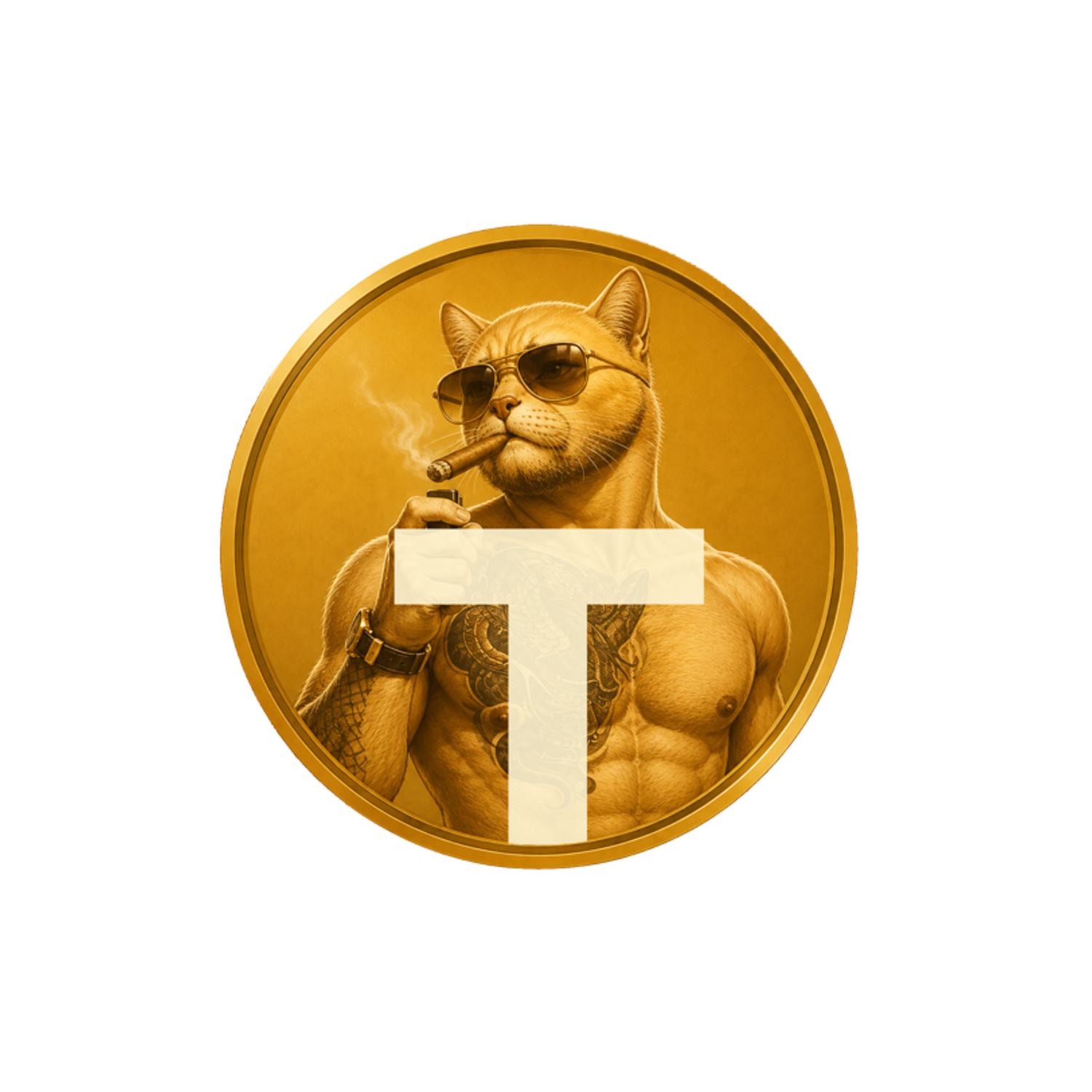 Tatecoin coin: a buff tattooed cat with sunglasses and a cigar on a golden coin