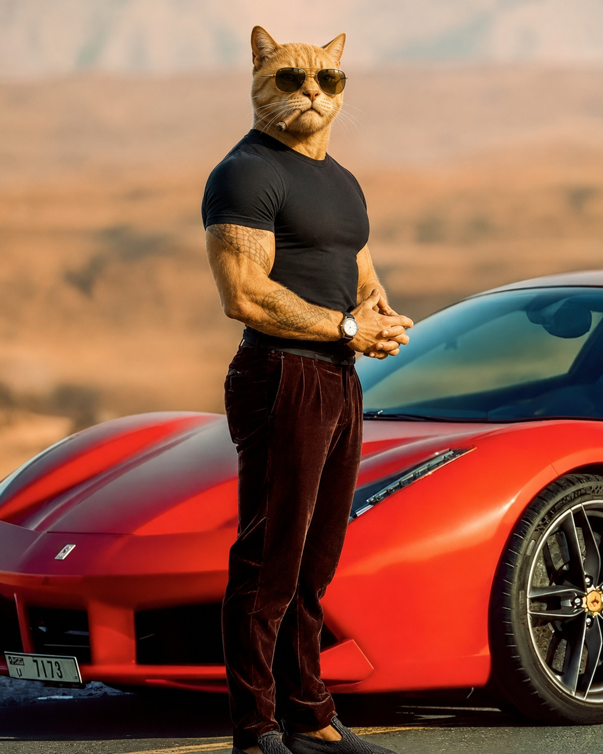 A muscular tabby cat in shades and a cigar posing next to a red Ferrari