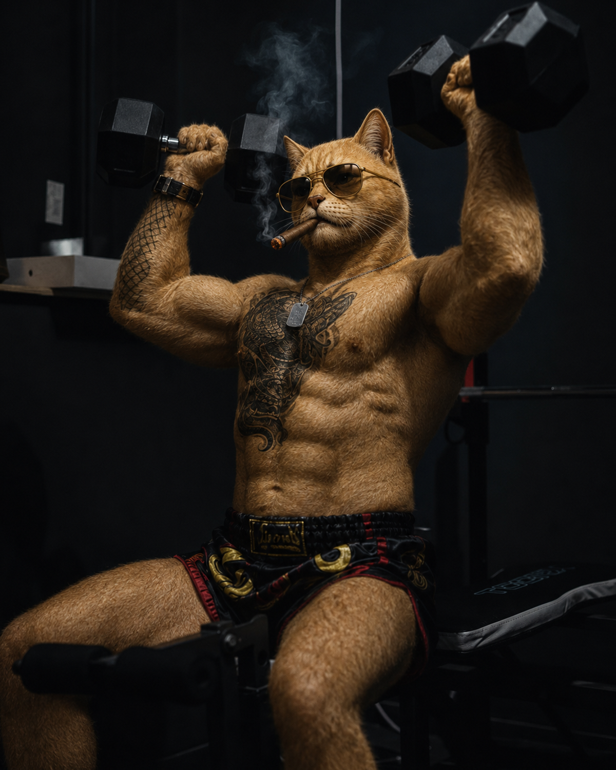 A muscular tabby cat pumping dumbbells in the gym with a cigar