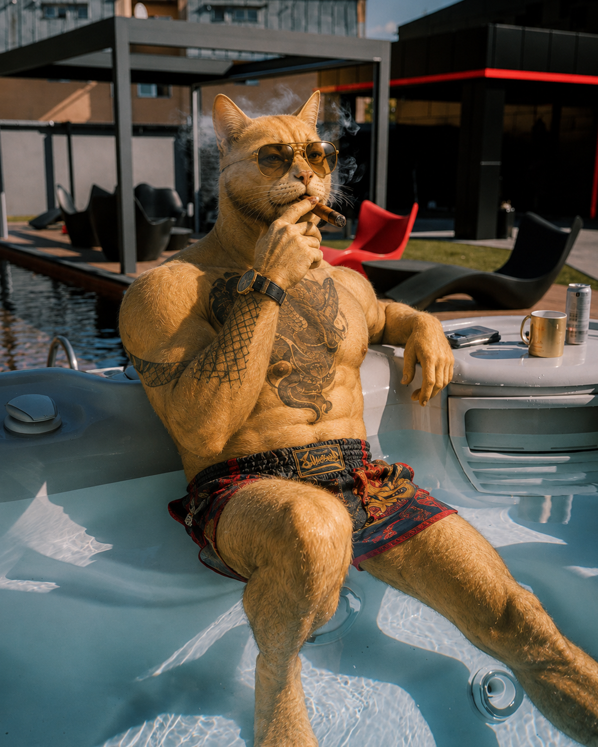 A muscular tabby cat relaxing in a luxury villa hot tub with a cigar